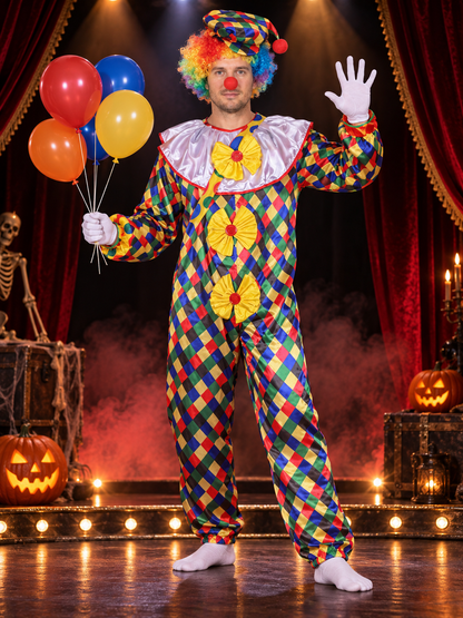 Clown Costume with Fluffy Collar, Hat, and Bows