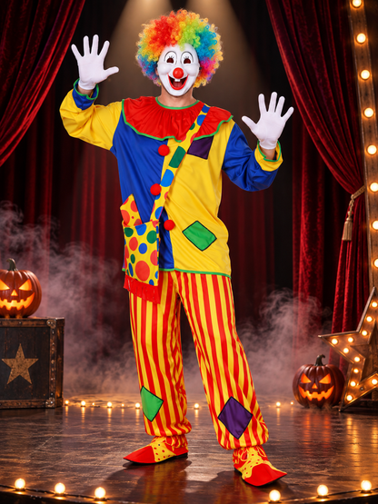 Clown Costume with Wig, Mask, Bow, and Ruffled Collar
