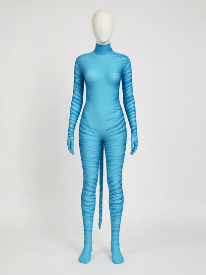 Kids Avatar Blue Alien Bodysuit Halloween Costume with Tail and Headpiece Costume Headwear detail 3