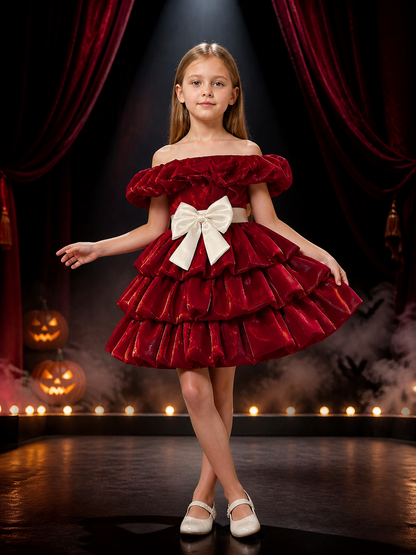 Baby Girls' Maroon Princess Dress with Layered Ruffle Skirt and White Bow Costume Dresses detail 3