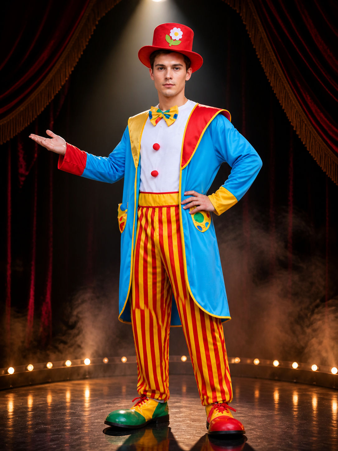 Unisex Clown Costume Set with Red Yellow Striped Jumpsuit, Blue Coat, Hat, Bow Costume Headwear detail 3