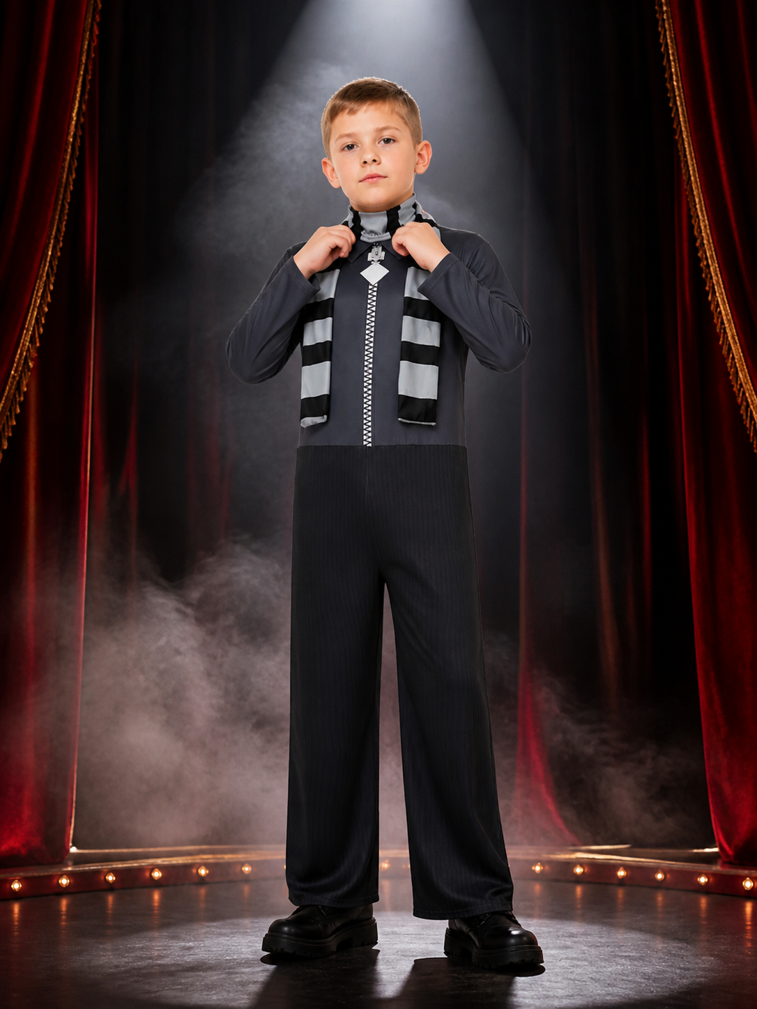 Gru from Minions Cosplay Jumpsuit Costume on-model stage scene view