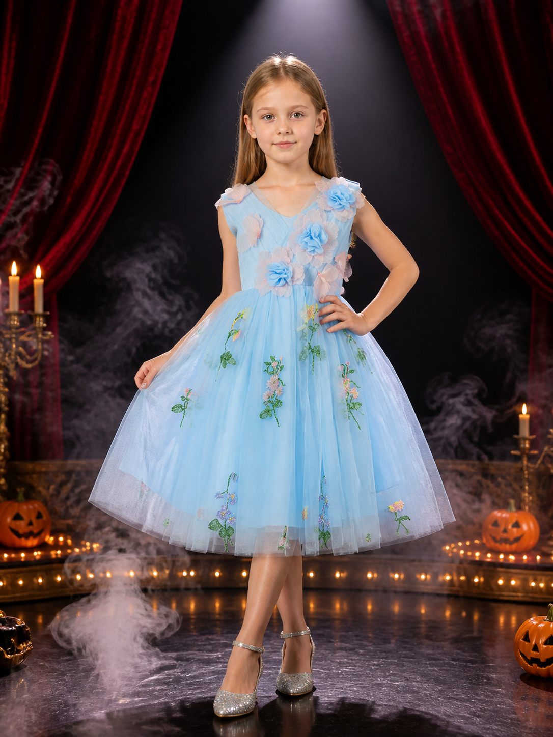 Girls' Sky Blue Princess Dress, Sleeveless Full Skirt With 3D Floral Embroidery Costume Dresses detail 3