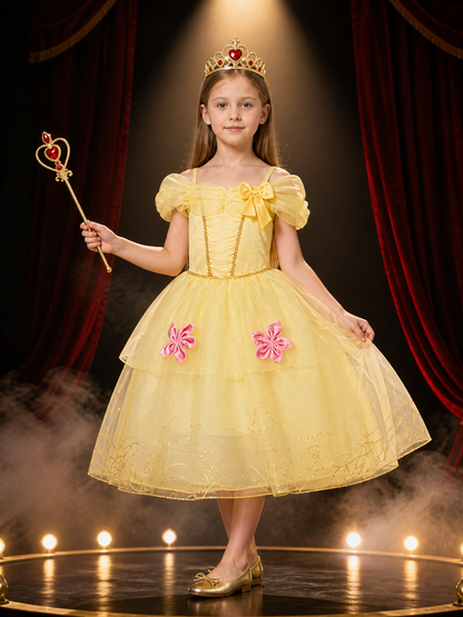 Girls Yellow Princess Dress Costume with Crown & Magic Wand, Layered Tulle for Costume Dresses detail 3