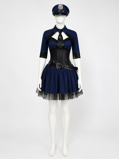 Women's Police Costume Set with Dress, Jacket, Belt, Hat & Tie, Sexy Halloween on-model stage scene view