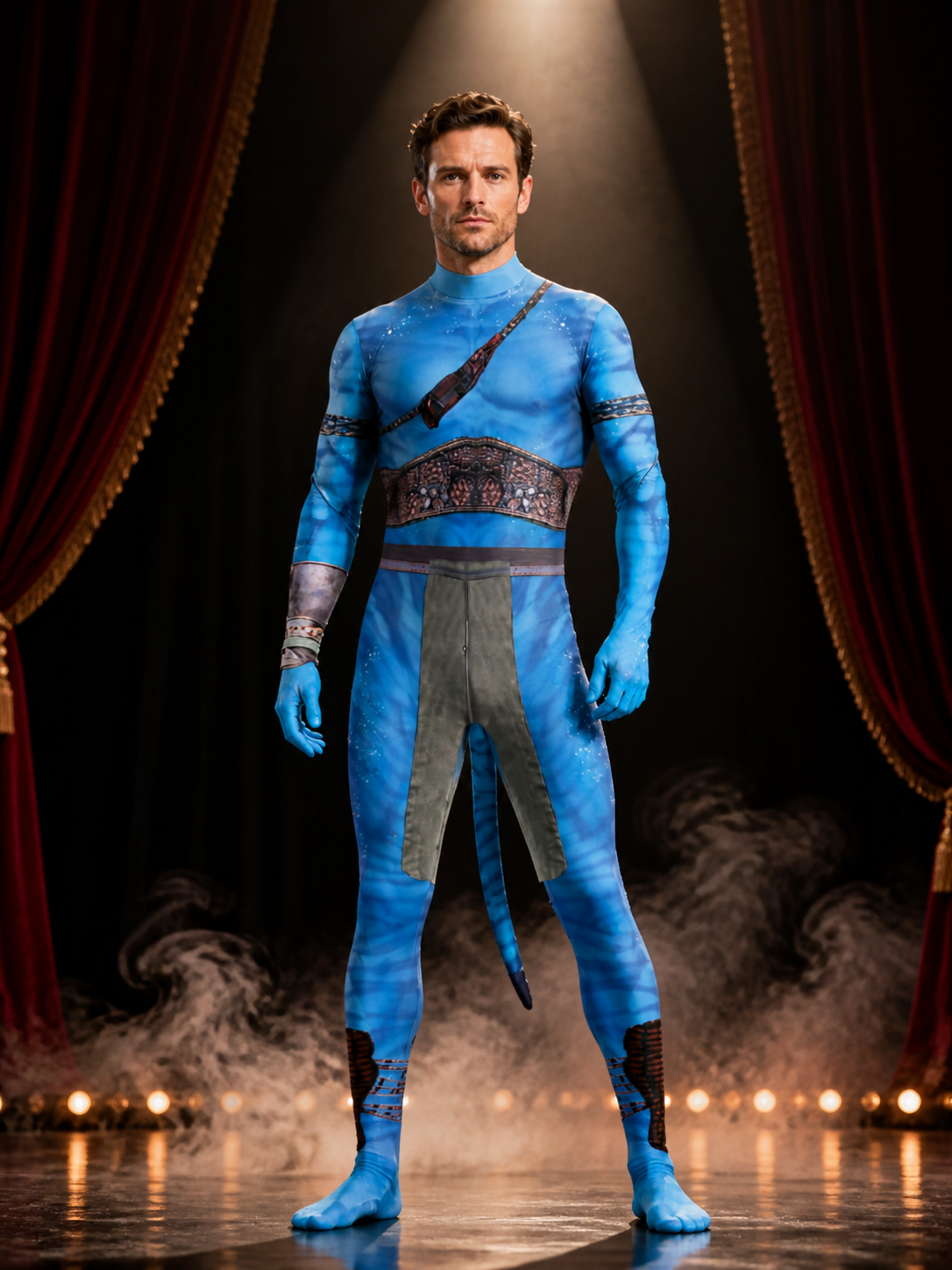 Unisex Blue Alien Bodysuit Costume with Tail, Halloween Party Outfit Costumes detail 3