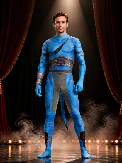 Unisex Blue Alien Bodysuit Costume with Tail, Halloween Party Outfit Costumes detail 3