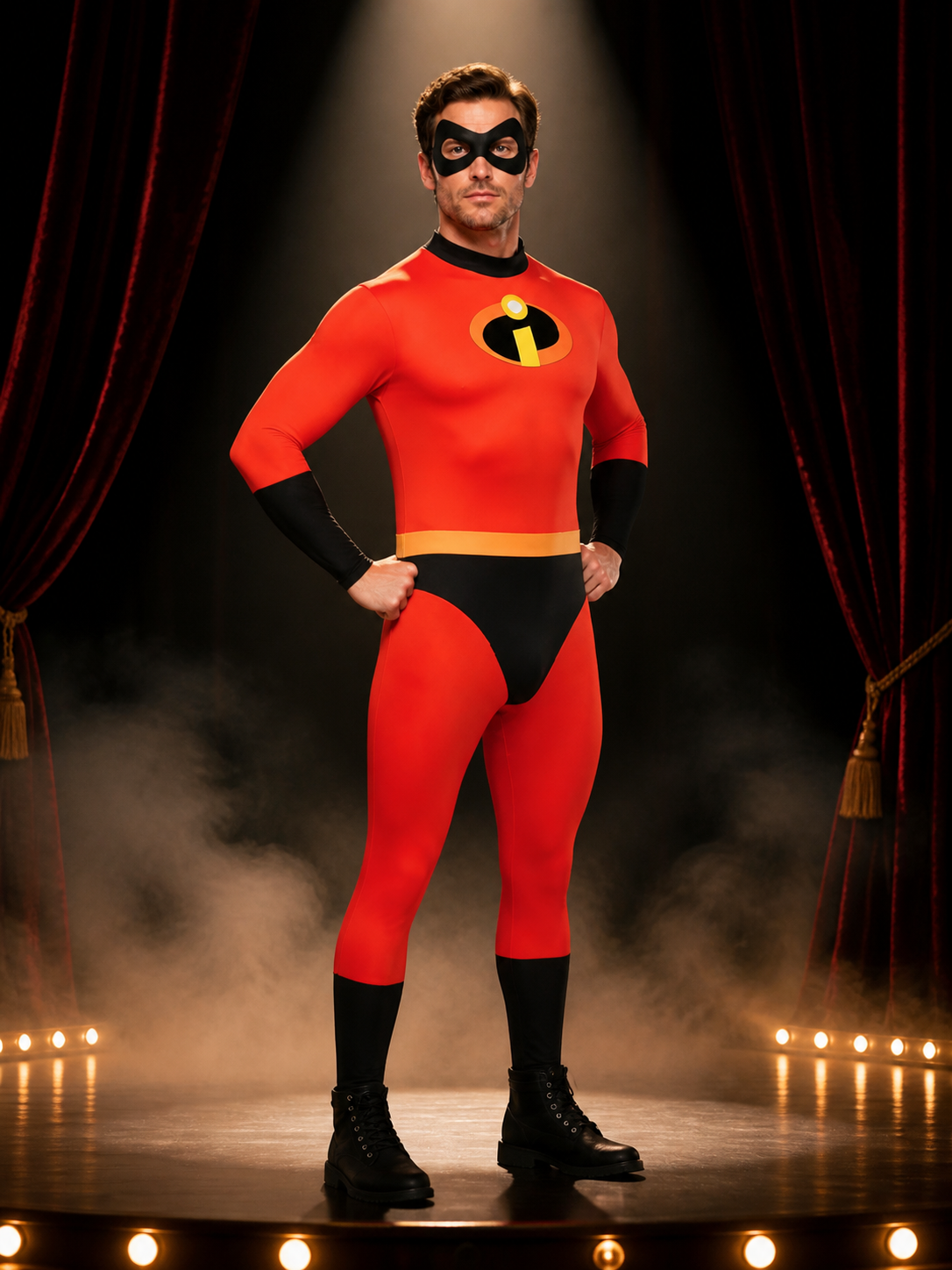 Kids Superhero Costume Jumpsuit - Red Black Bodysuit with Eye Mask and Yellow Costume Masks detail 3