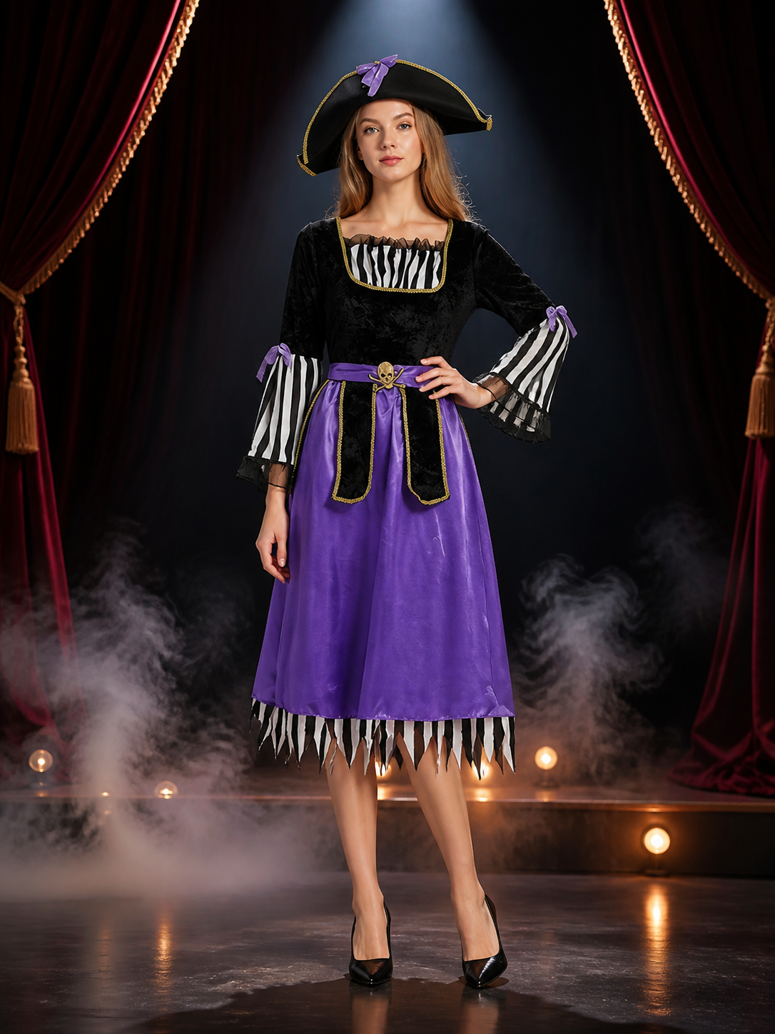 Women's Pirate Costume Set With Hat, Belt, Skull Details, Halloween Outfit Costume Headwear detail 3