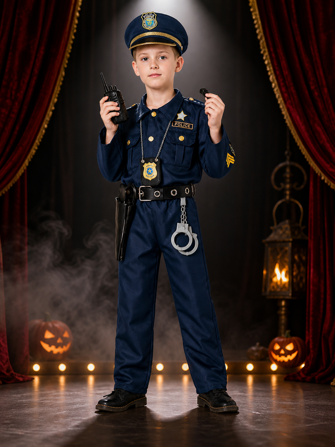 Kids Police Costume Set, Deluxe Role Play Outfit with Hat, Belt, Badge on-model stage scene view
