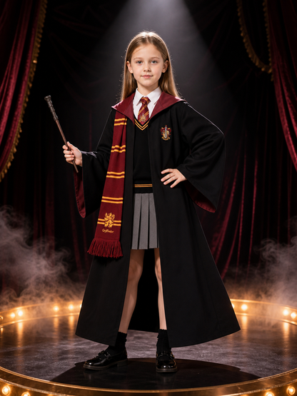 Hooded Wizard Robe Costume Set with Tie, Scarf, Shirt, Vest, Skirt and Wand Costume Accessories detail 3