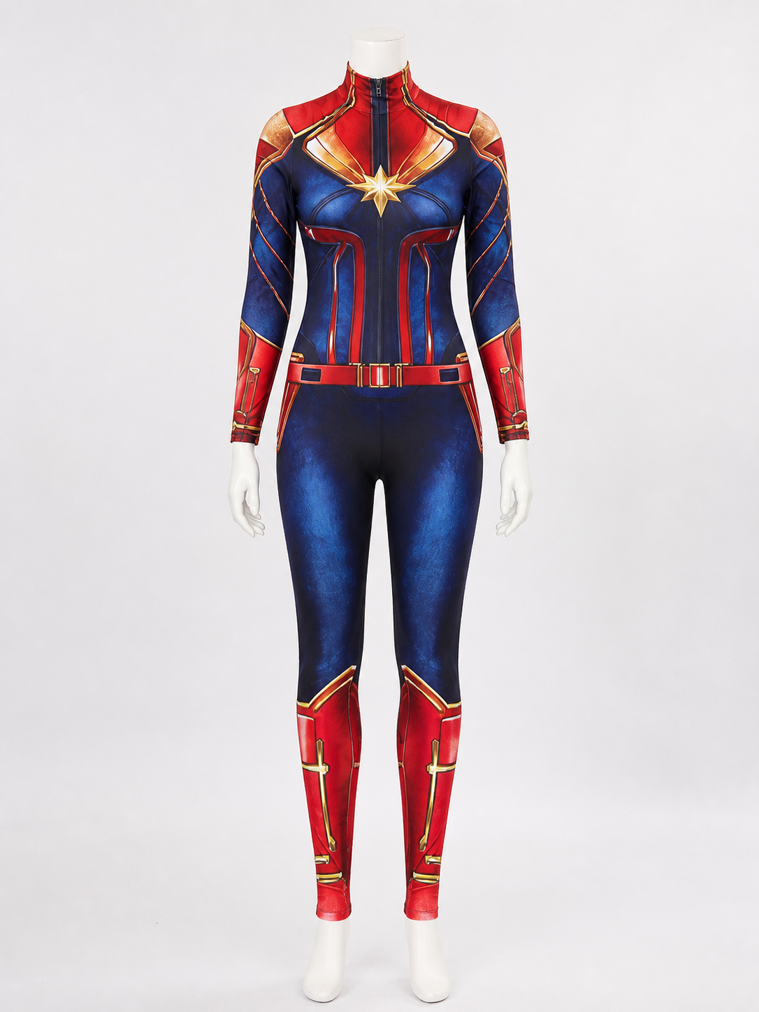 Adult Captain Marvel Bodysuit Costume, Long Sleeve High Neck Red Blue Gold Costumes detail 3