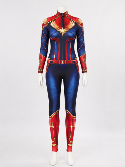 Adult Captain Marvel Bodysuit Costume, Long Sleeve High Neck Red Blue Gold Costumes detail 3