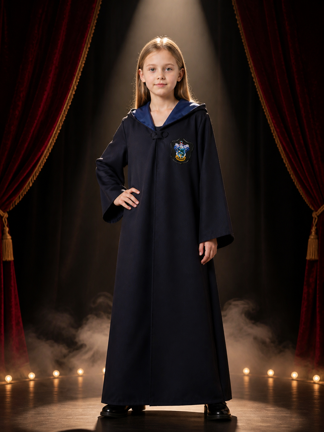 Dark Blue Magical School Robe Cosplay Costume with Shawl Collar and Crest Costumes detail 3