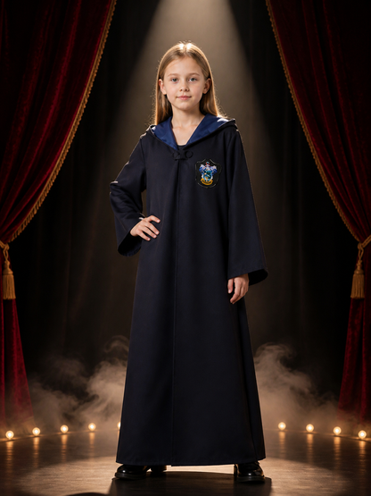 Dark Blue Magical School Robe Cosplay Costume with Shawl Collar and Crest Costumes detail 3