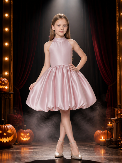 Girls' Pink Satin Halter Princess Dress, Sleeveless Bow Puffy Skirt, Sizes 4Y-8Y Costume Dresses detail 3