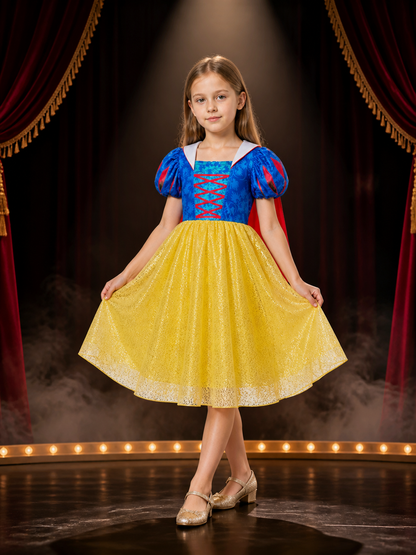 Kids Princess Costume Dress with Cape, Blue and Yellow Ball Gown Halloween Costume Dresses detail 3