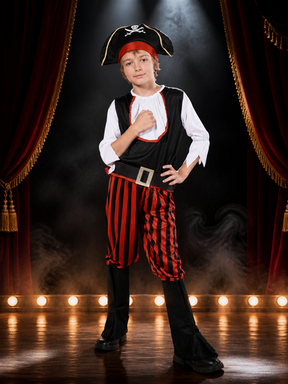 Kids Pirate Costume Set - Black & Red Striped Outfit with Skull Hat Costume Headwear detail 3