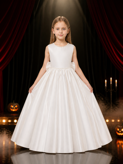 Girls' White Princess Dress, Sleeveless Long Formal Gown With Bow and Pearl-Like Costume Dresses detail 3