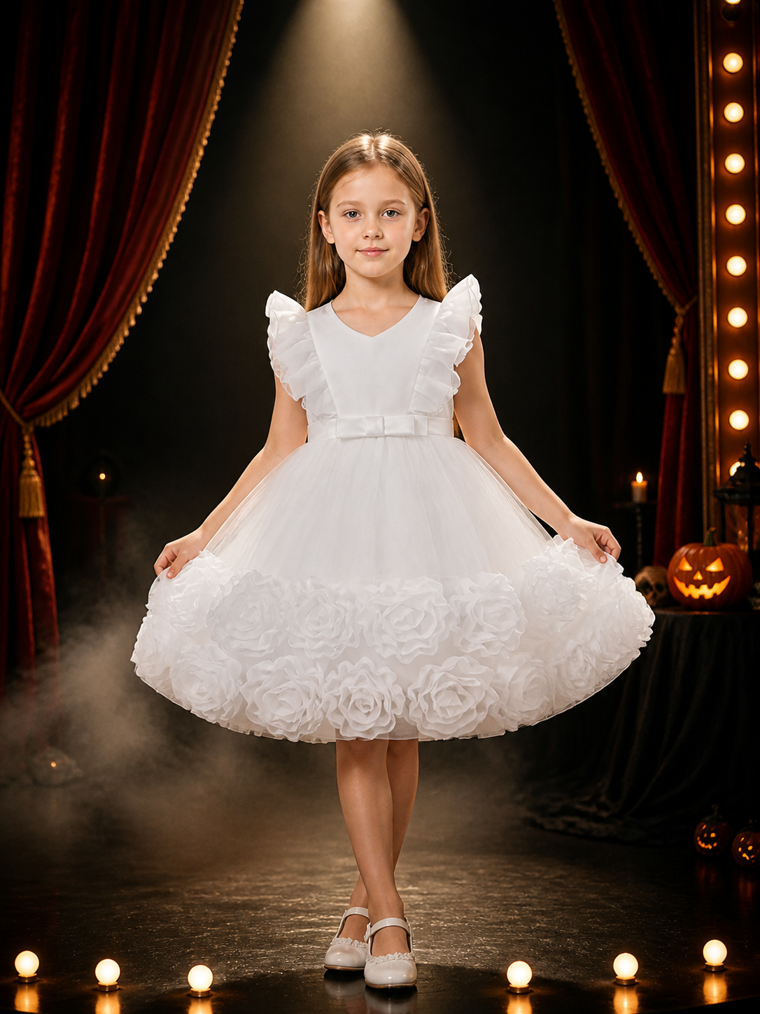Girls' White Princess Dress, Layered Tulle Party Outfit with Rose Flowers and Costume Dresses detail 3