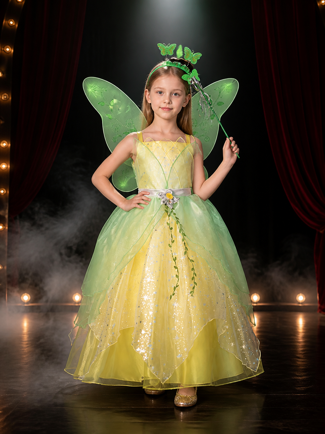 Girls Fairy Princess Costume Dress with Sparkling Tulle and Leaf Vine Pattern Costume Dresses detail 3