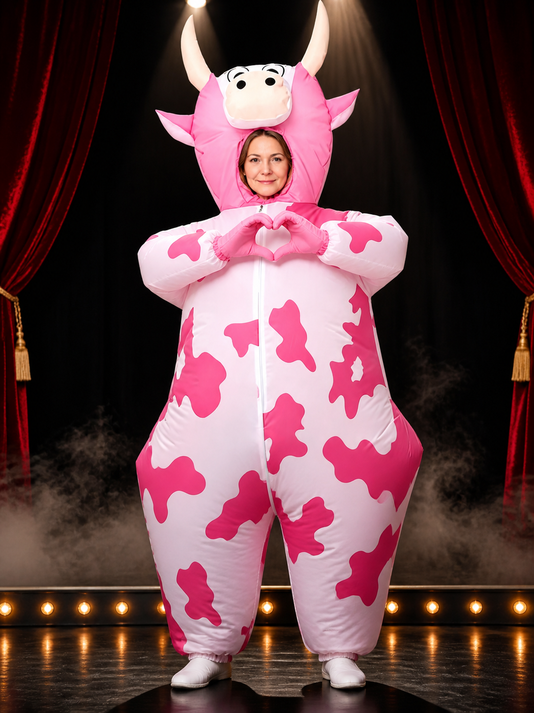 Pink and White Cow Hooded Onesie Costume with Horns and Ears, Halloween Animal Costumes detail 2