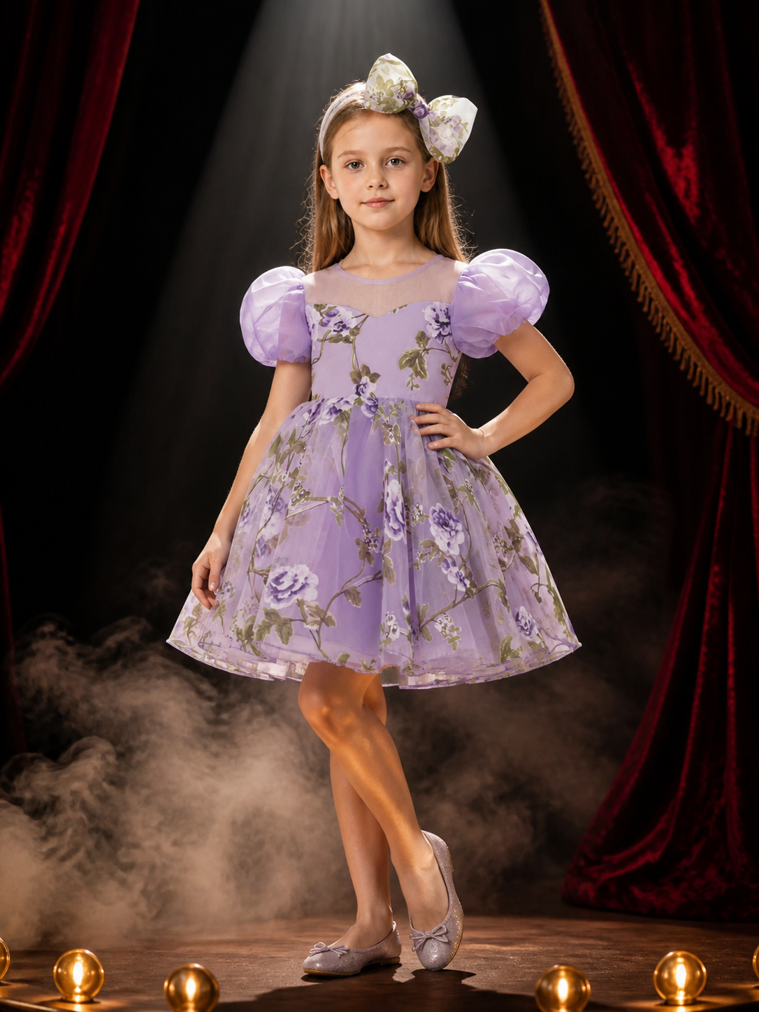 Baby Girls' Floral Princess Dress With Puff Sleeves, Tulle Skirt And Bow Costume Dresses detail 3