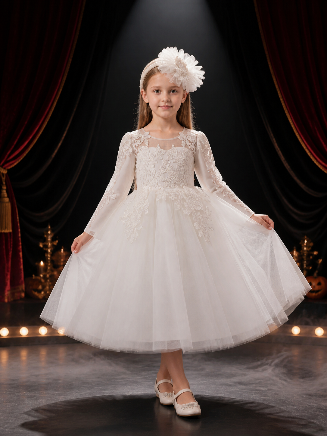 Girls' White Princess Dress, Long Sleeve Lace Embroidered Layered Tulle Gown Costume Dresses detail 3