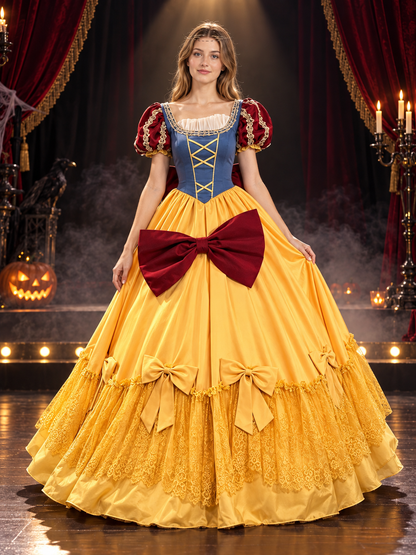Princess costume with a puffy dress, bow, and crinoline