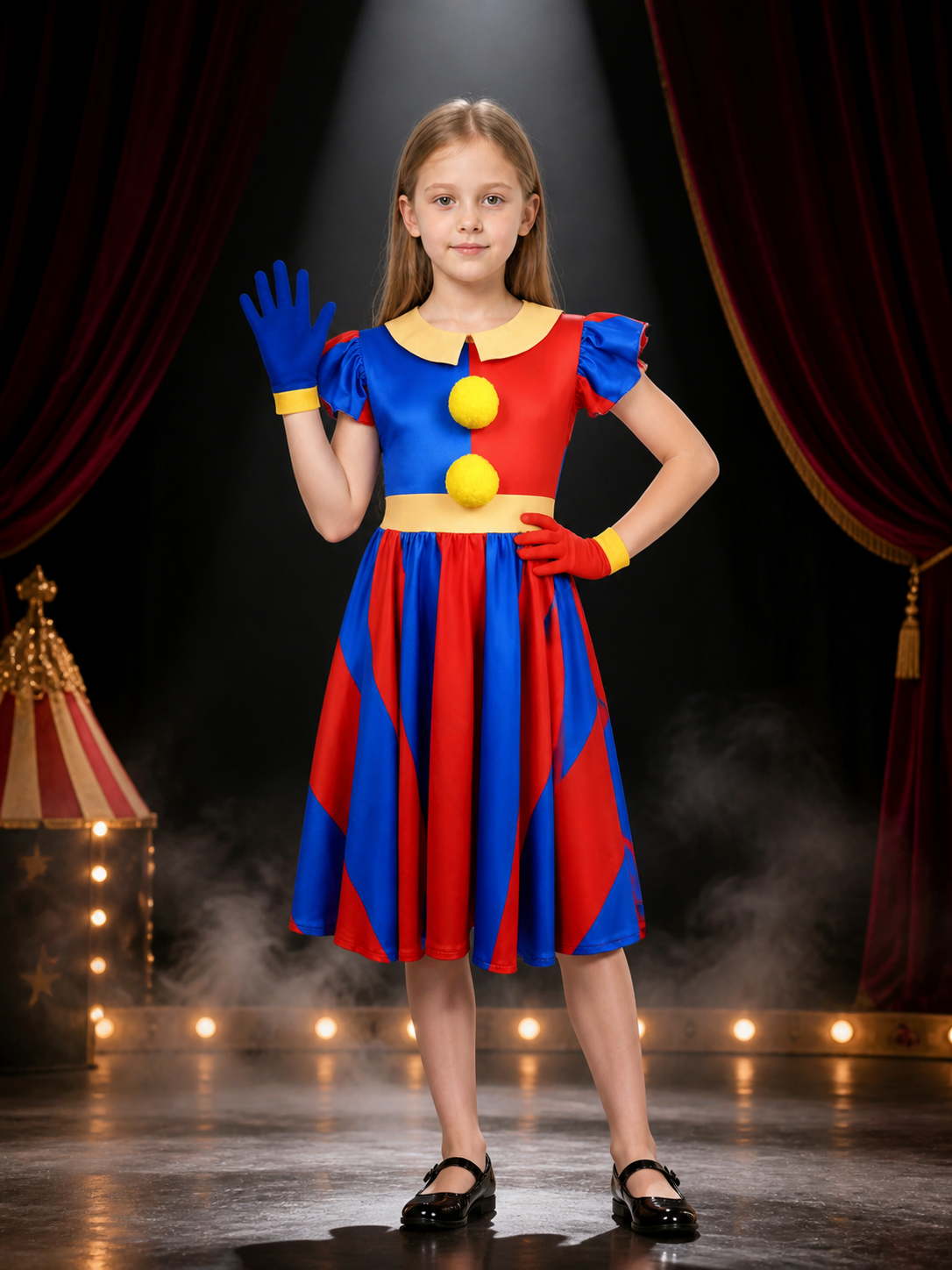 Pomni Clown Costume Dress Set, Red Blue Geometric Dress With Matching Gloves on-model stage scene view