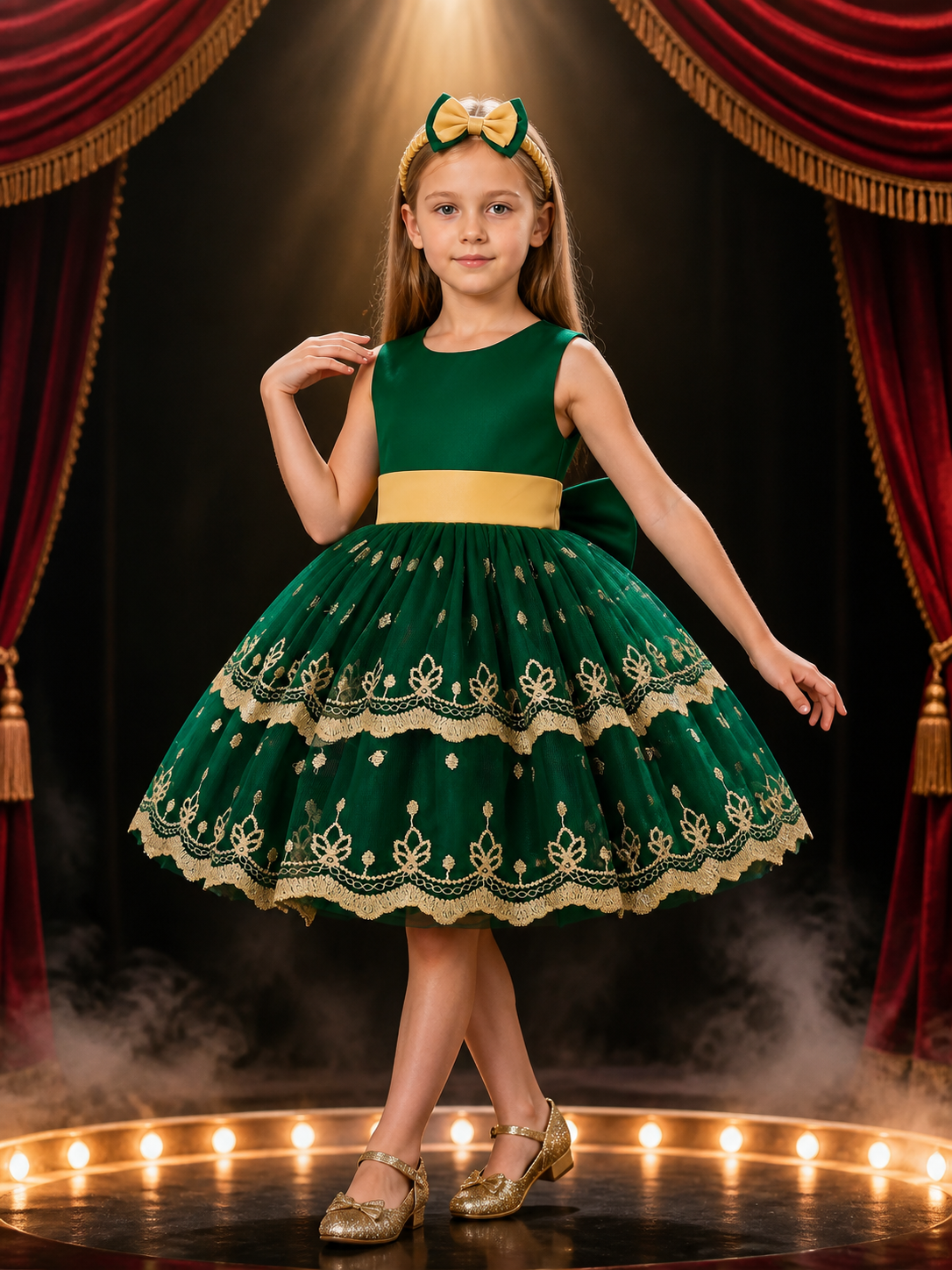 Girls' Dark Green Embroidered Princess Dress With Bow, Layered Tulle Skirt Costume Dresses detail 3