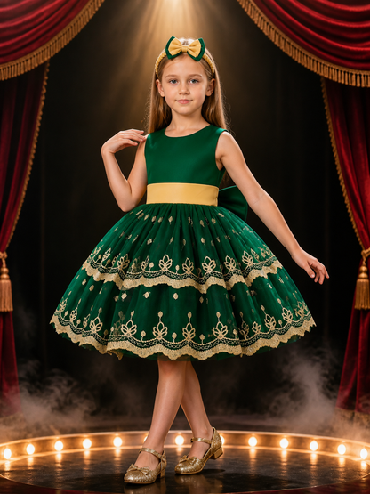 Girls' Dark Green Embroidered Princess Dress With Bow, Layered Tulle Skirt Costume Dresses detail 3