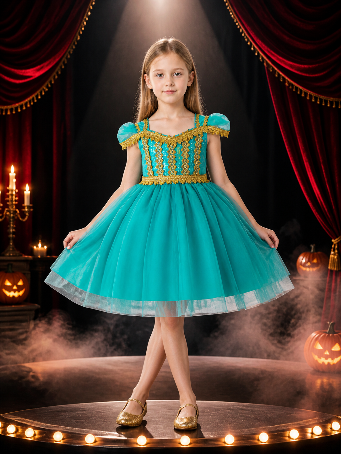 Girls' Princess Costume Dress With Sequined Bodice, Gold Trim And Tulle Skirt Costume Dresses detail 3