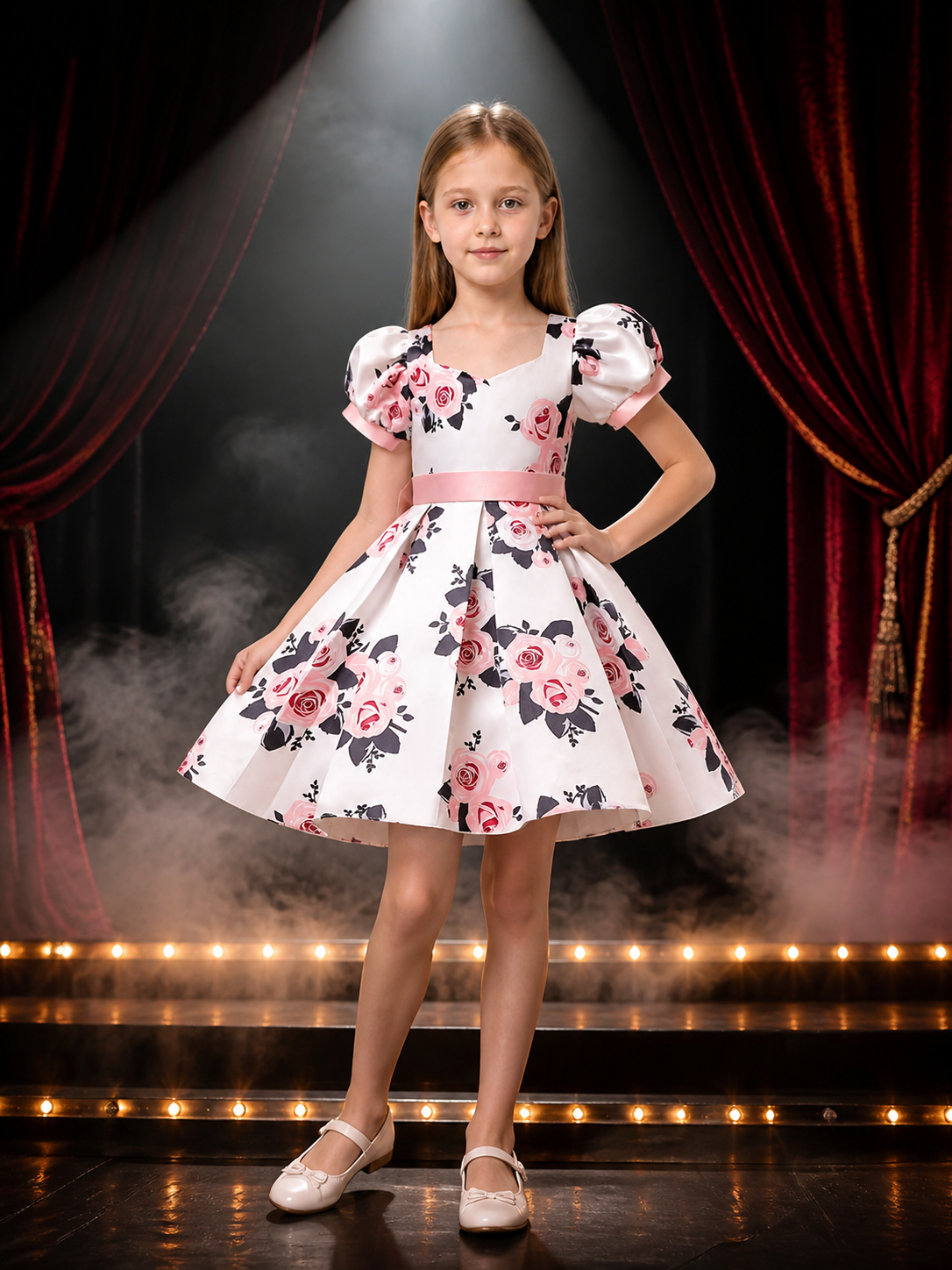 Girls' Princess Dress, White Floral Gown with Puff Sleeves and Pink Waist Belt Costume Dresses detail 3