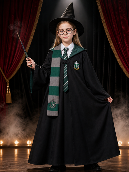 Kids Wizard School Costume Set With Green & Black Robe, Scarf, Tie, Glasses Costumes detail 3