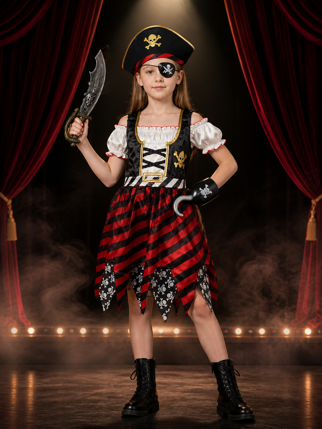 Kids Pirate Costume Set - Dress with Hat, Sword, Eyepatch and Hook Halloween Costume Dresses detail 3