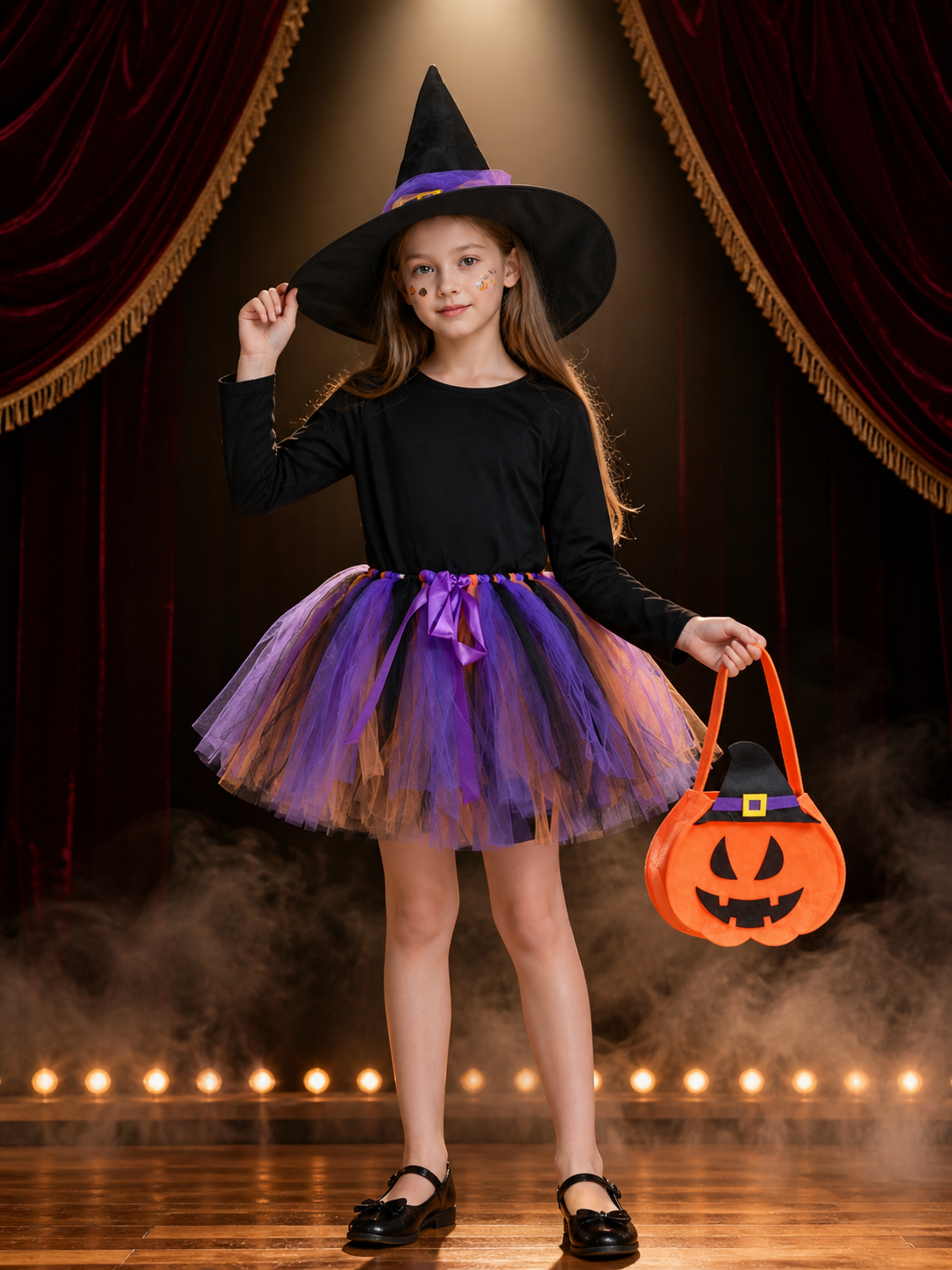 Kids' Halloween Witch Costume Set, Layered Skirt, Hat, Pumpkin Candy Bag & Face Costume Headwear detail 3