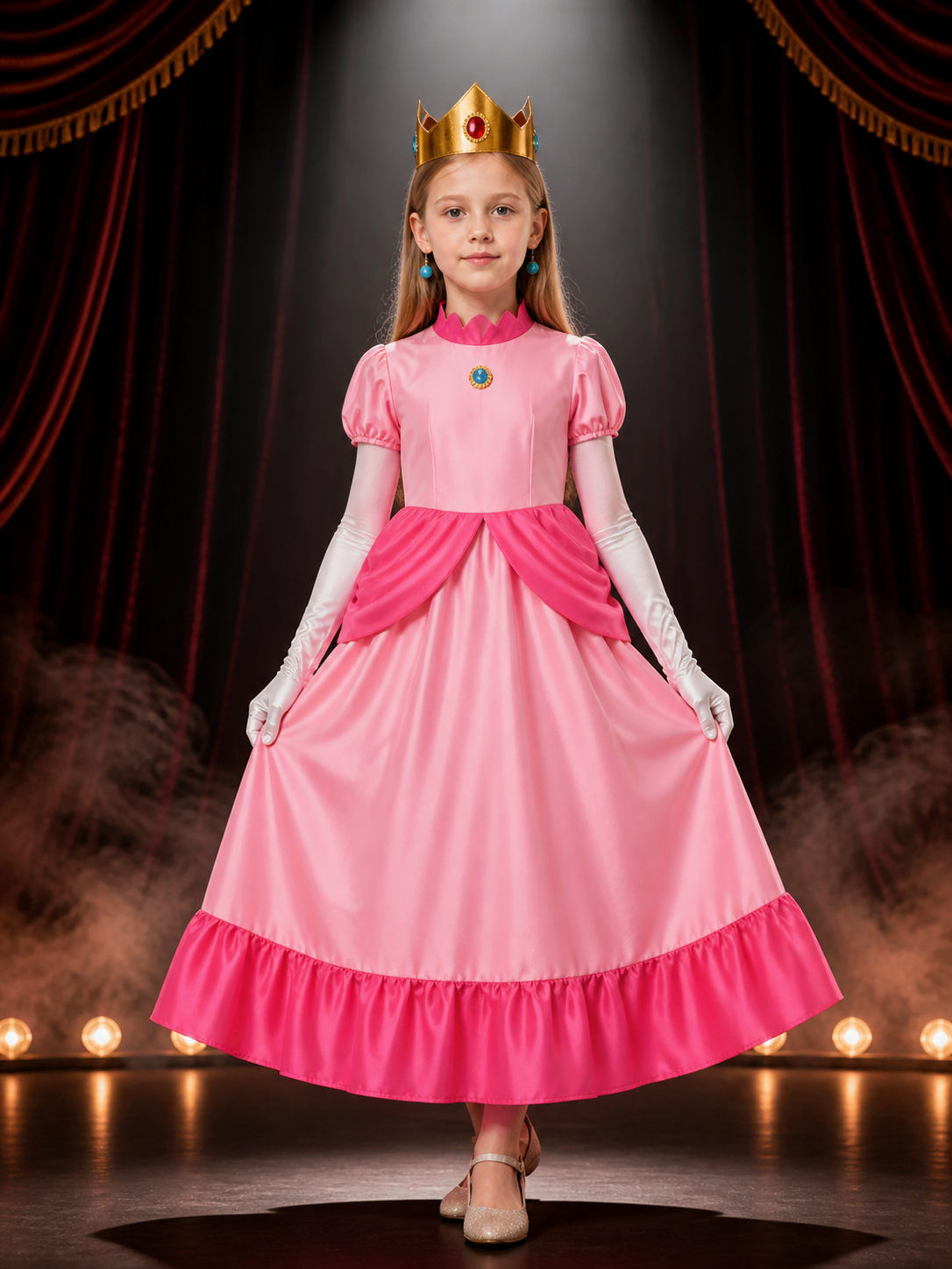 Kids Peach Princess Dress Costume Set, Halloween Cosplay Outfit with Crown on-model stage scene view