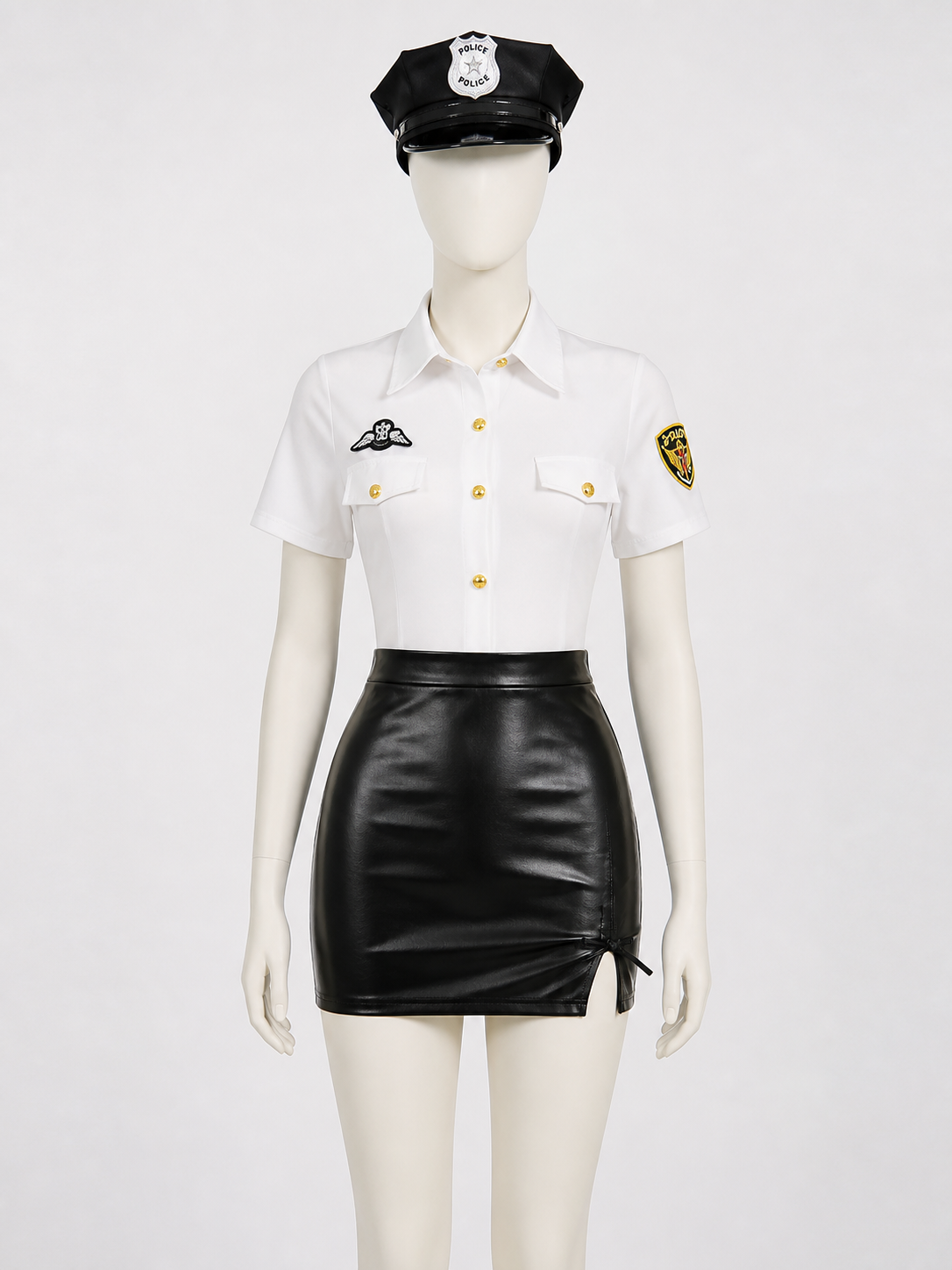 Women's Sexy Police Officer Costume Set - White Top & Black Skirt with Gold Costumes detail 3