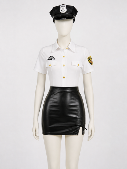 Women's Sexy Police Officer Costume Set - White Top & Black Skirt with Gold Costumes detail 3