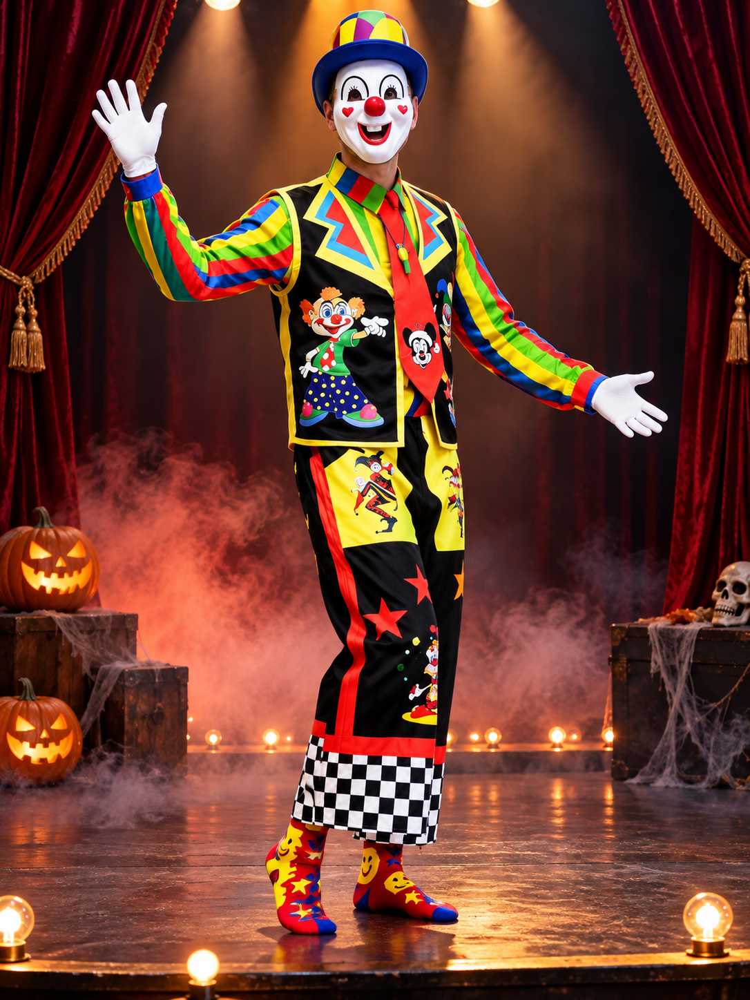 Colorful Clown Costume with Vest, Hat, and Mask