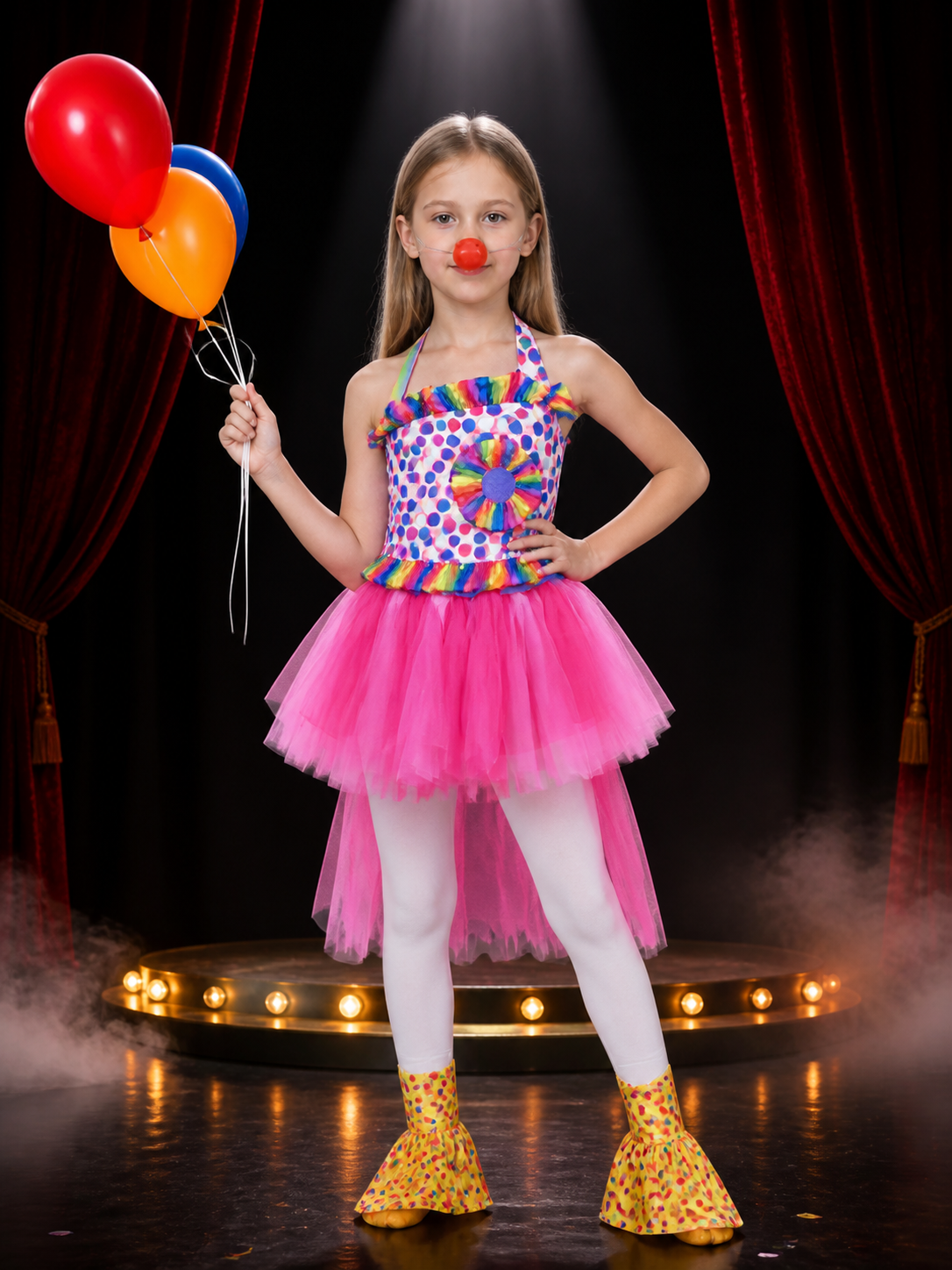 Kids' Clown Circus Costume with Polka Dot Top and Pink Tulle Skirt Costumes detail 3