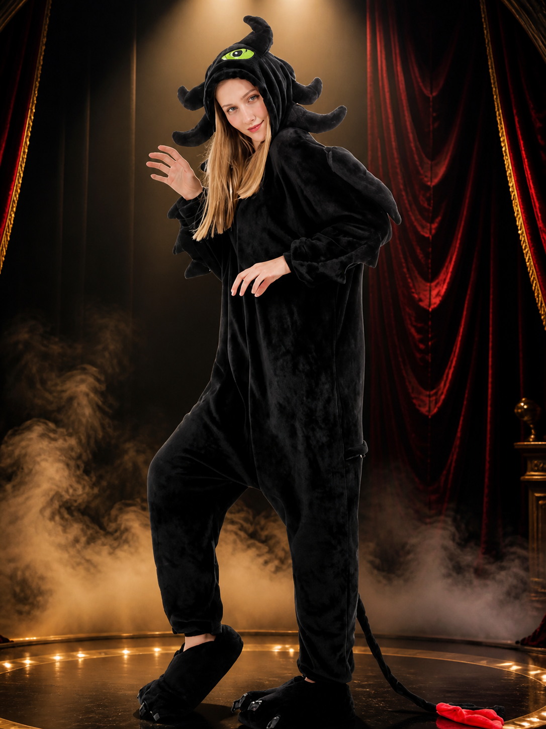 Black Dragon Hooded Full-Body Jumpsuit Costume With Horns And Tail Costumes detail 3