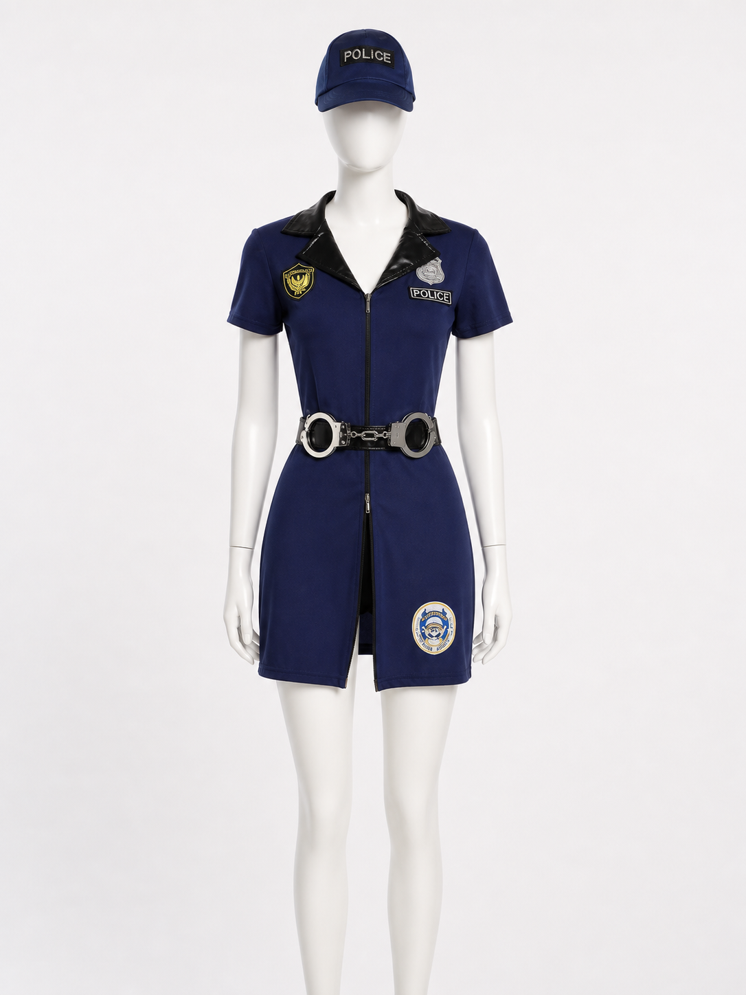 Women's Police Officer Costume Set, Short-Sleeve Jumpsuit With Hat, Belt And Costume Headwear detail 3