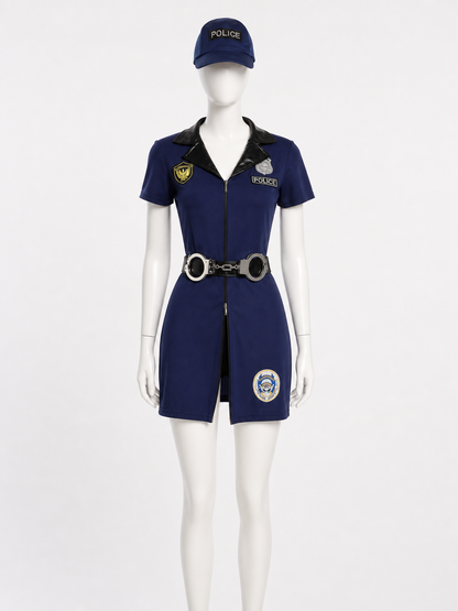 Women's Police Officer Costume Set, Short-Sleeve Jumpsuit With Hat, Belt And Costume Headwear detail 3