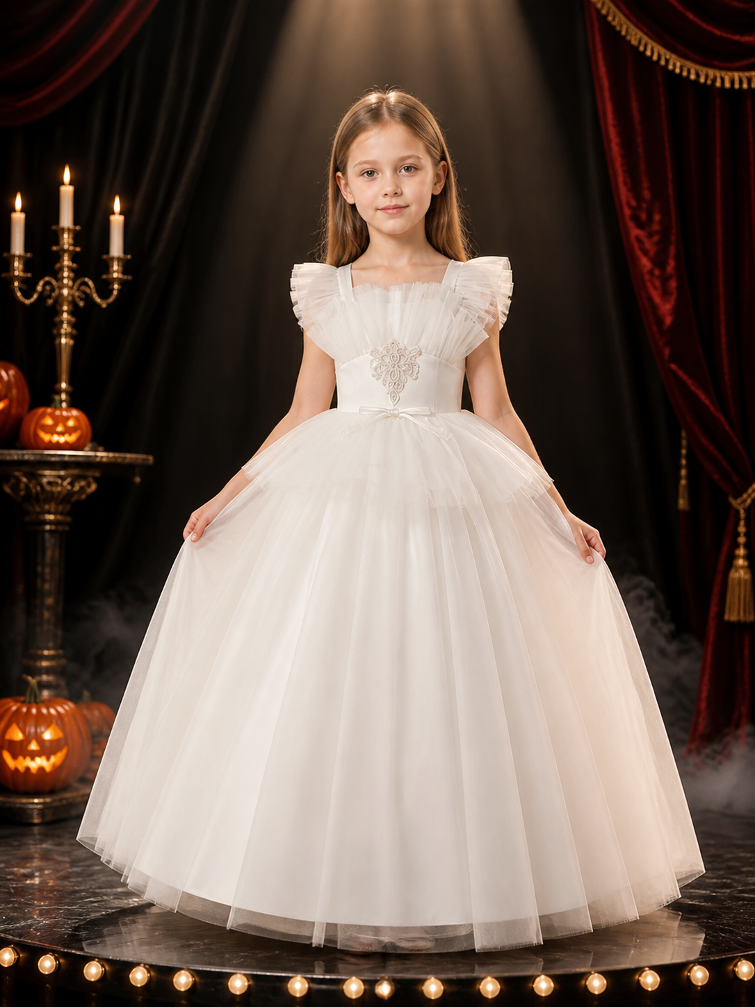 Girls' White Princess Formal Dress, Layered Tulle Ruffles, Rhinestone Flower and Costume Dresses detail 3