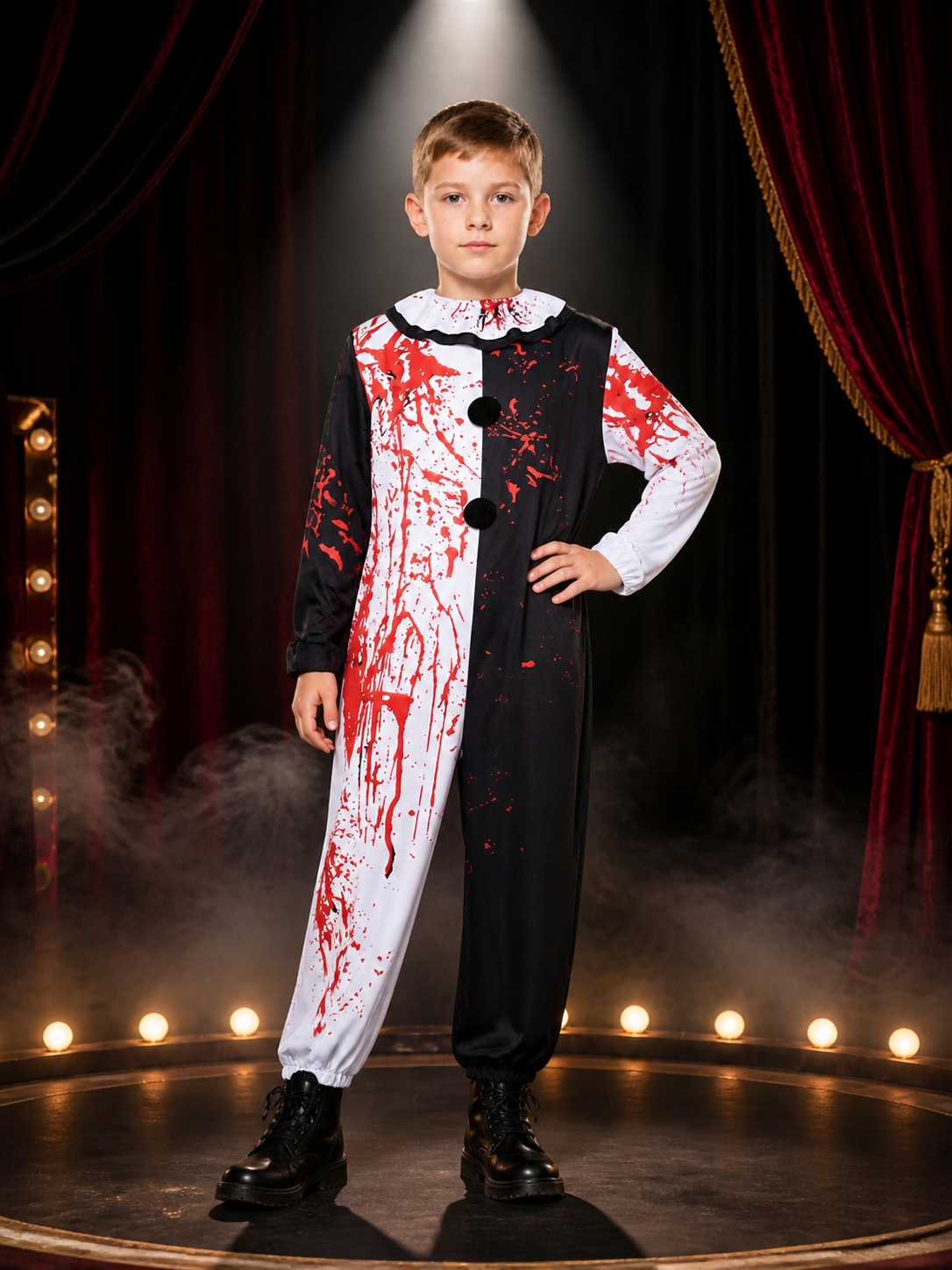 Men's Bloody Clown Jumpsuit Costume, Black White Split with Ruffled Collar Costumes detail 3