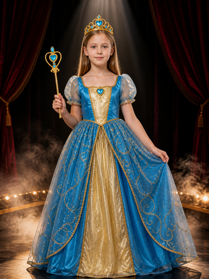 Princess Crown and Magic Wand Set, Blue Gold Heart Gems Costume Accessory on-model stage scene view