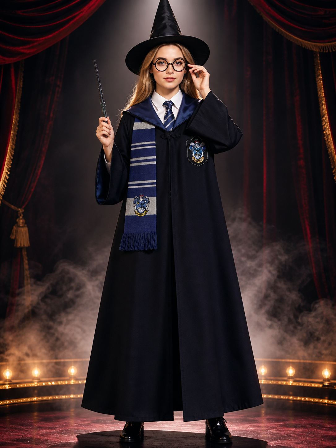 Unisex Hooded Wizard Halloween Costume Set with Scarf, Glasses, Wand & Hat Costume Headwear detail 3
