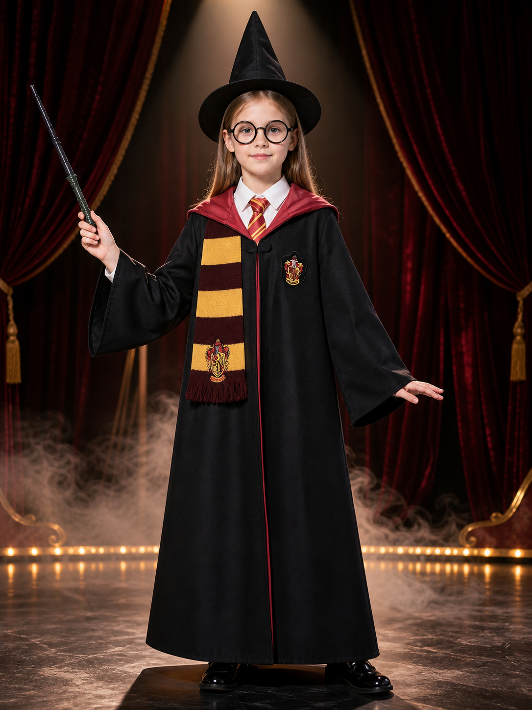Kids Wizard Hooded Robe Costume Set with Scarf, Hat, Glasses & Wand Costume Headwear detail 3